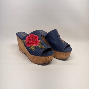 Missy Floral Applique Denim Platform Wedge Sandals Womens 7.5 Blue Rose Boho